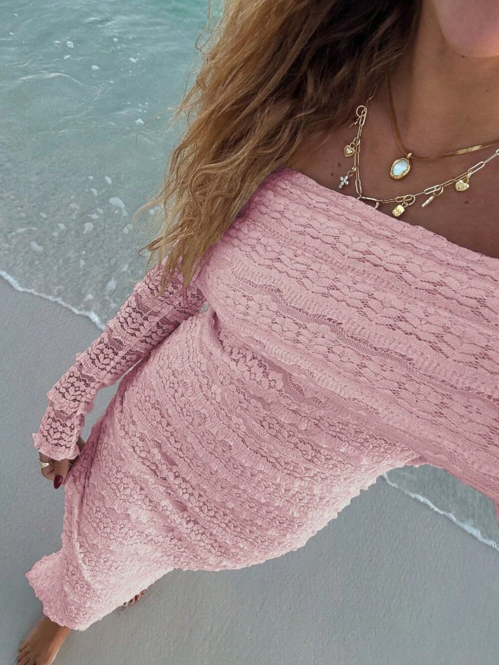 Pink Elegant Women's Off Shoulder Long Sleeve Bodycon Sexy Dress - Picture 5 of 6